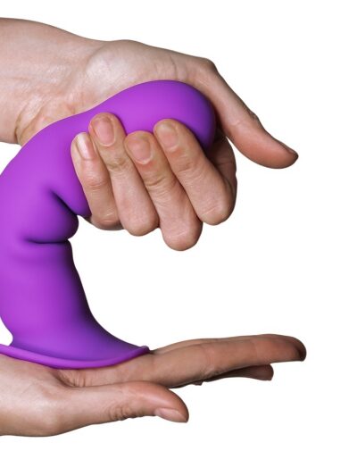 Side view of 7-inch ribbed silicone dildo with cushioned core and suction cup base
