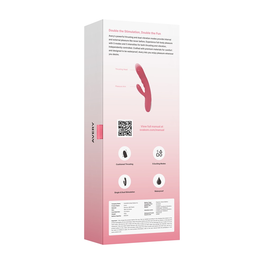 Svakom Avery Thrusting Vibrator with Clitoral Stimulator Pink 11 Svakom Avery Thrusting Vibrator with Clitoral Stimulator Pink - Image 11