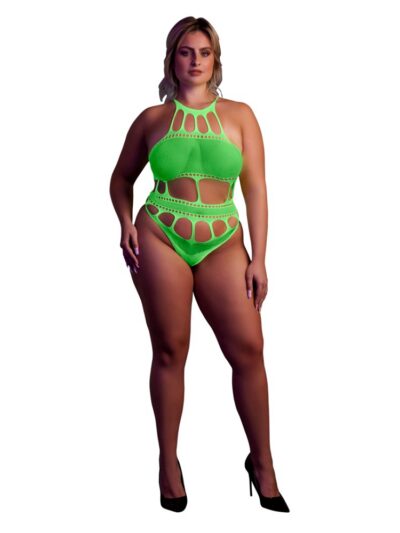 Cut Out Thong Bodysuit Neon Green Plus Size
