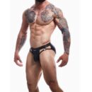 C4M Dungeon Black Leatherette Jockstrap front view, hip cut leatherette jockstrap with elastic straps