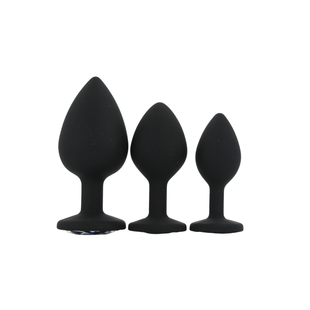 Toosh Silicone Butt Plug Black Set of 3 Clear Stone